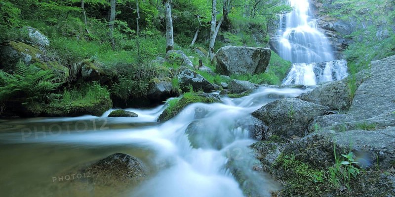Cascade de Runes, waterfall, rocky cascade by the stream, water flow, blur of motion due to long exposure, photography technology, Le Pont-de-Montvert, Lozère, Cévennes, France