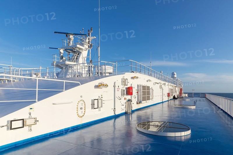 Upper deck in blue and white, TT-Line ferry Nils Holgersson crossing the Baltic Sea from Rostock in Germany to Trelleborg in Sweden