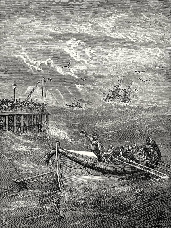 The lifeboat 'Quiver', rescuing shipwrecked people, Margate Lifeboat Station, 19th Century, Kent, England, United Kingdom