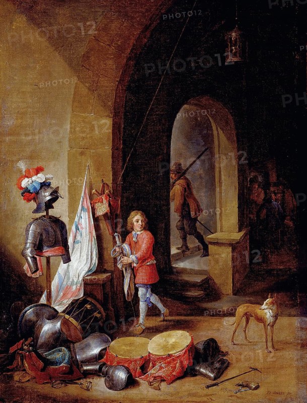A guardroom, painting by David Teniers (baptised 15 December 1610 in Antwerp, died 25 April 1690 in Brussels), Flemish painter, draughtsman and curator. He was an innovator in a variety of genres such as history painting, genre painting, landscape, portrait and still life. He is most remembered today as the leading Flemish genre painter of his time, reproduction from a 17th century painting. Authentic, file restored for optimal use, exact date of original unknown