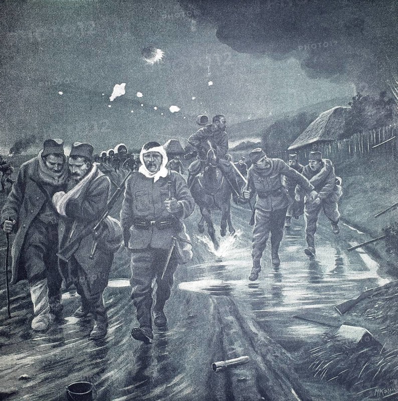 1st World War, the Serbs on the retreat (original pictorial text from 1915, original colouring), illustration, reproduction from a 19th century original. Authentic, file restored for optimal use, exact date of original unknown, historical, soldiers fleeing through the rain at night, accompanied by a horse. The atmosphere is tense and oppressive