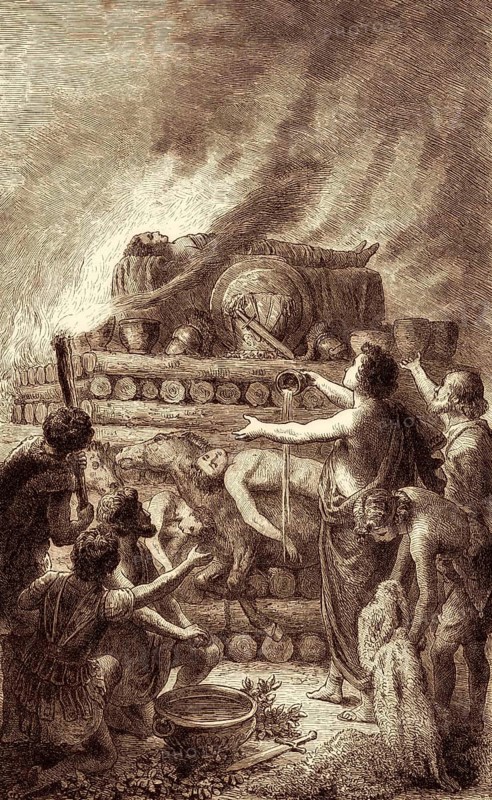 Patroclus cremated on a funeral pyre, Greek mythology