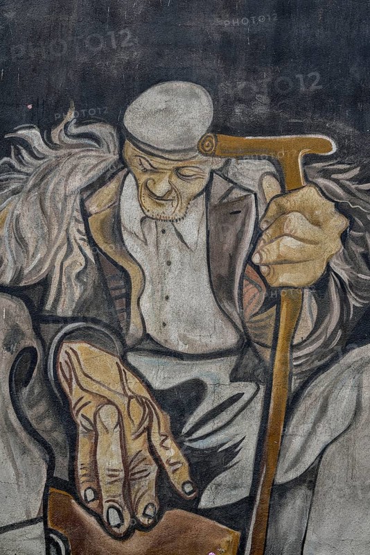 Mural of hundred-year-old Ziu Pietro Sini, artist Francesco del Casino, Orgòsolo, Province of Nuoro, Sardinia, Italy