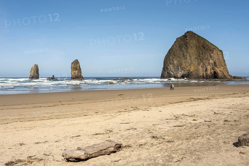 Sunny beach with large rocks in the sea and clear blue sky, peaceful and relaxing atmosphere, Haystack Rock, Cannon Beach, Oregon, USA, North America