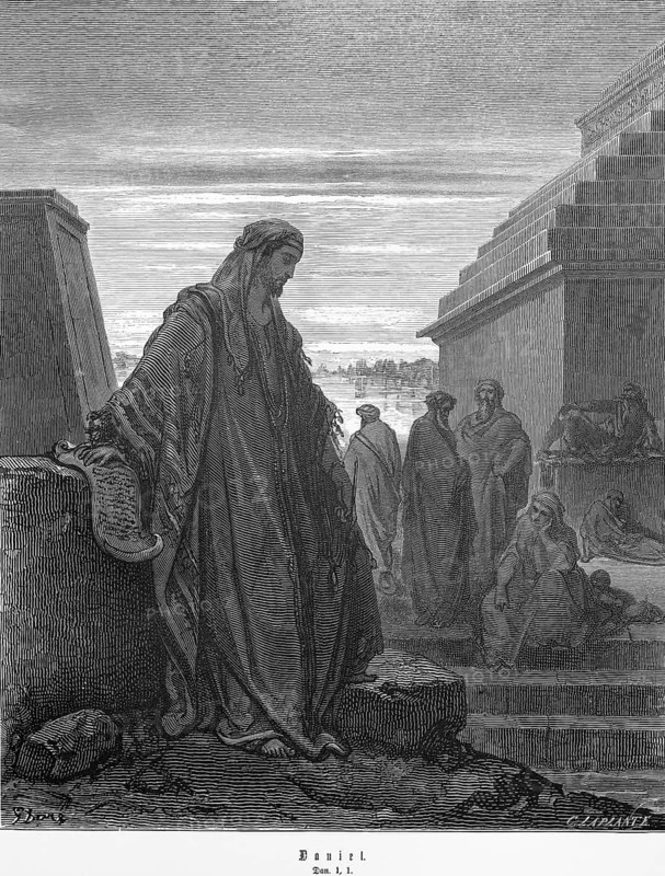 Daniel and his friends at the Babylonian court, siege of Jerusalem, chapter 1, verse 1, Old Testament, writing, group, thoughtful, in thought, grief, Bible, steel engraving Doré, historical illustration 1885