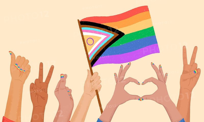 Illustration depicting diverse hands holding a vibrant Pride flag and showing symbols of love and peace. Each hand has rainbow painted nails, emphasizing unity and diversity