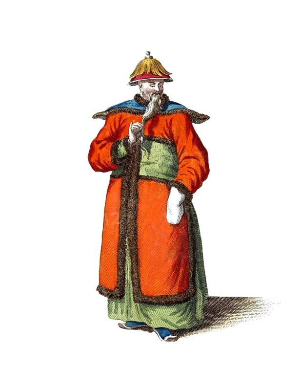 Historical clothing, fashion over time, The winter robe of a Chinese mandarin in 1700, China, digitally restored reproduction of a model from the 18th/19th century, exact date unknown, man in traditional red clothing with green detail