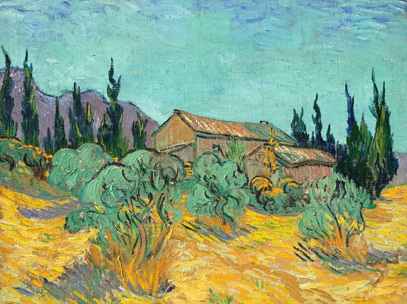 Cabanes de bois parmi les oliviers et cyprès (1889), Wooden cabins nestled among olive trees and cypresses, Painting by Vincent Willem van Gogh (born 30 March 1853 in Groot-Zundert, died 29 July 1890 in Auvers-sur-Oise), Dutch painter and draughtsman, one of the founders of modern painting, Illustration, Reproduction from a painting. Authentic, exact date of the original unknown, Historical, Landscape with farmhouse and cypresses in a hilly landscape in sunny weather