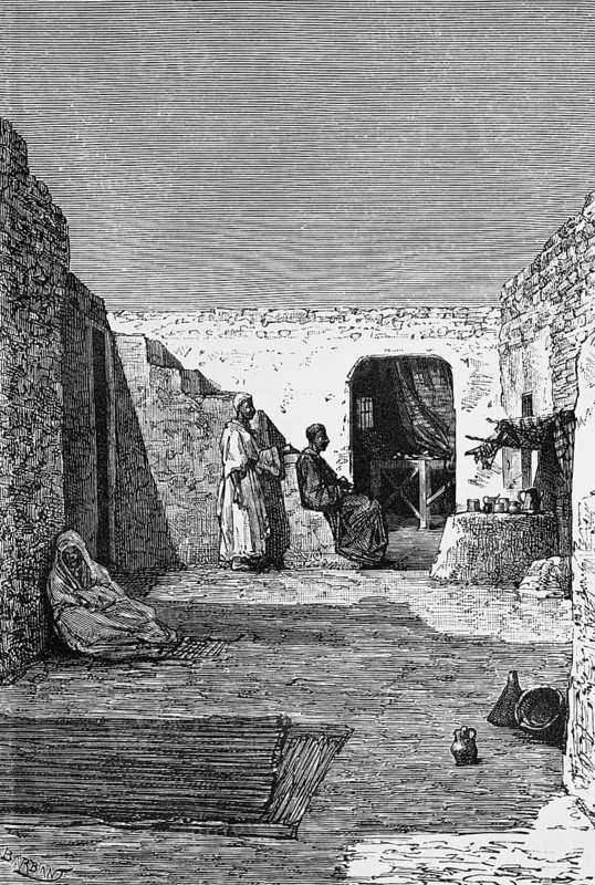 Courtyard of a house in the Algerian date oasis Ouargla, Arab woman, man, carpets, jug, stairs, Sahara desert, building material clay, travelling, Algeria, historical illustration 1886
