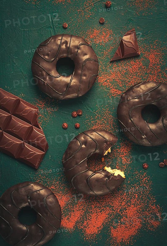 Donuts with cocoa, in chocolate glaze, top view, no people