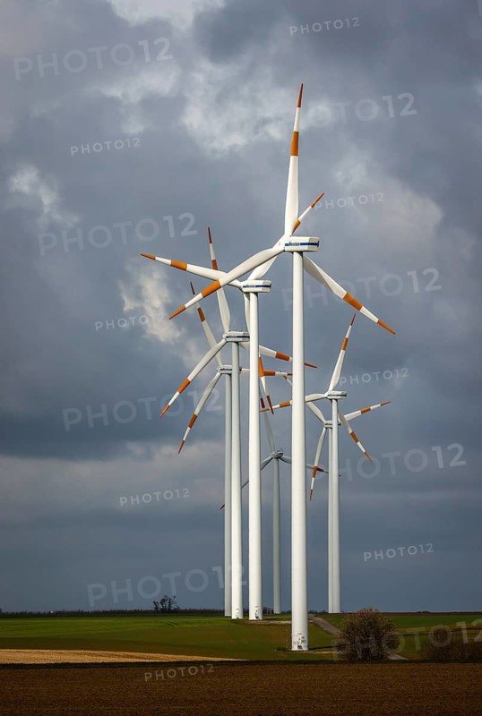 Bedburg, North Rhine-Westphalia, Germany - Wind farm, Vestas wind turbines in front of a dark cloudy sky