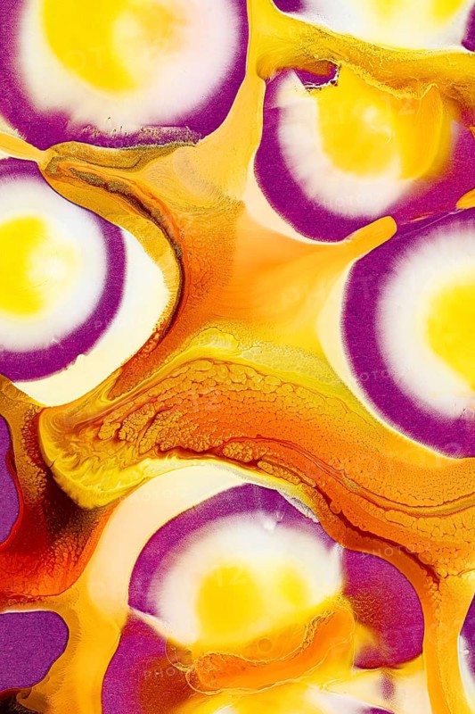 Vibrant abstract art created by swirling inks on a fluid surface, featuring bold yellows and deep purples with organic shapes