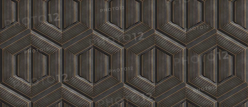 This seamless wallpaper showcases a 3D geometric pattern with dark hexagonal stripes, ideal for modern interior designs