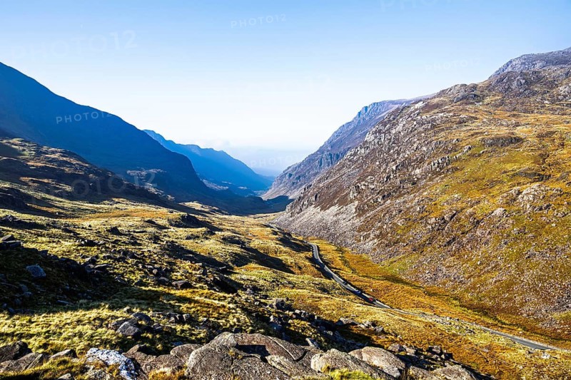 Autumn colours of Pen-y-Pass over Miner's Track, Start Point and road A4086, Snowdonia, Wales, UK