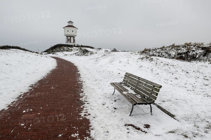Water tower and dunes in snow, Langeoog, Lower Saxony, Germany