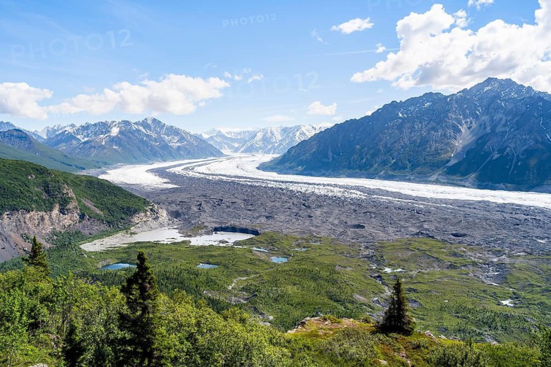 View of impressive mountain landscape with the Matanuska Glacier tongue, Lion's Head, Chugach Mountains, Alaska, USA
