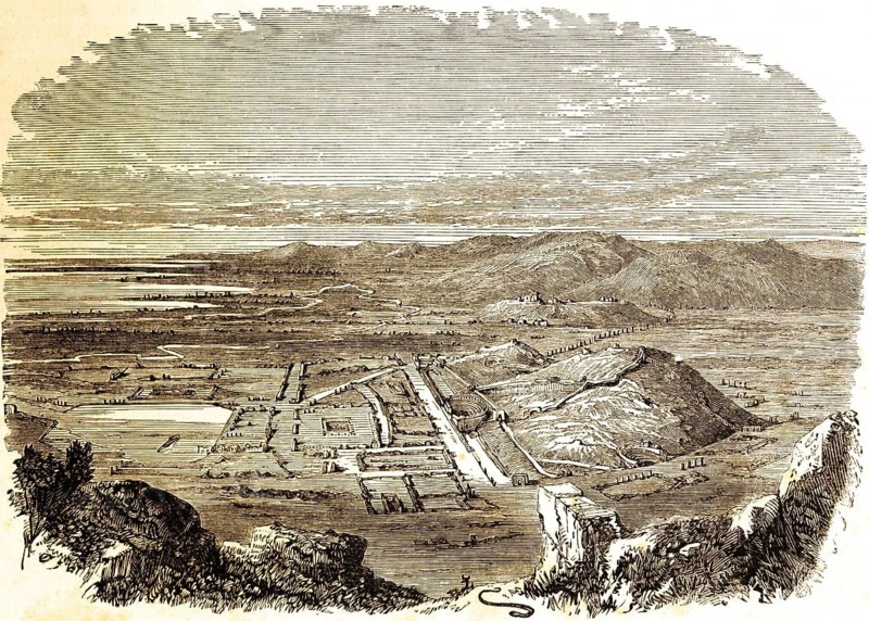 Ruins at the site of ancient Ephesus, the revelation of the Apostle John, chapter 2, verse 1, New Testament, view from above, mountains, plain, Mediterranean, archeology, Bible, historical illustration 1850