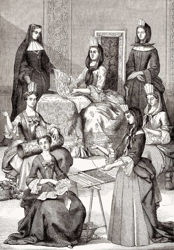 Marquise de Maintenon und ihre Palastdamen, französischer Königshof, Kostüme des 17.