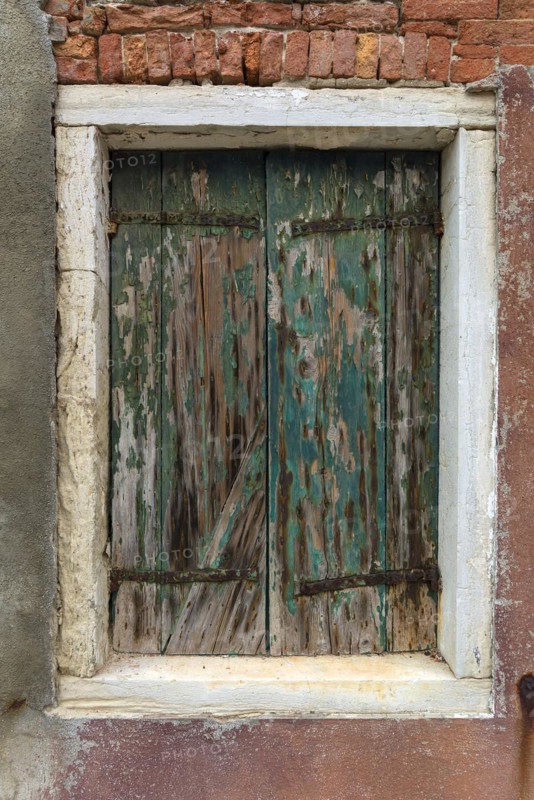 Dilapidated window with closed shutter, Burano, Venice, Veneto, Italy