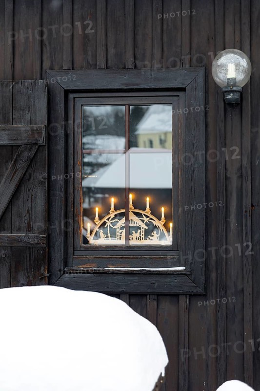 Wooden window with light arch, Frohnau, Annaberg-Buchholz, Ore Mountains, Saxony, Germany