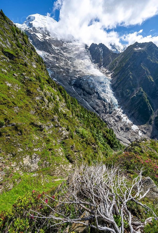 Impressive mountain landscape with glacier, view of glacier Glacier de Taconnaz, hike La Jonction, Chamonix, Haute-Savoie, France