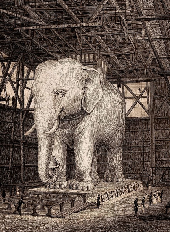 The Elephant of the Bastille, Paris, antique steel engraved print, 1831