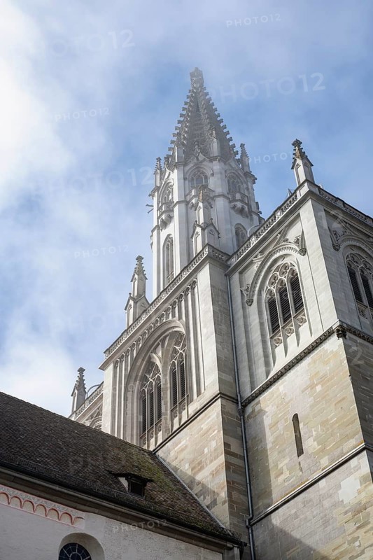 The imposing tower of Constance Cathedral, cathedral tower, bell tower, surrounded by clouds of fog, Constance, district of Konstanz, Baden-Württemberg, Germany