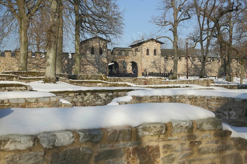 Roman UNESCO fort Saalburg in winter with snow, foundations, Upper Germanic Rhaetian Limes, Bad Homburg, Taunus, Hesse, Germany