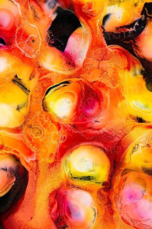 An intricate abstract painting featuring swirling patterns of vibrant red, orange, yellow, and pink colors, creating a visually captivating and galactic artwork
