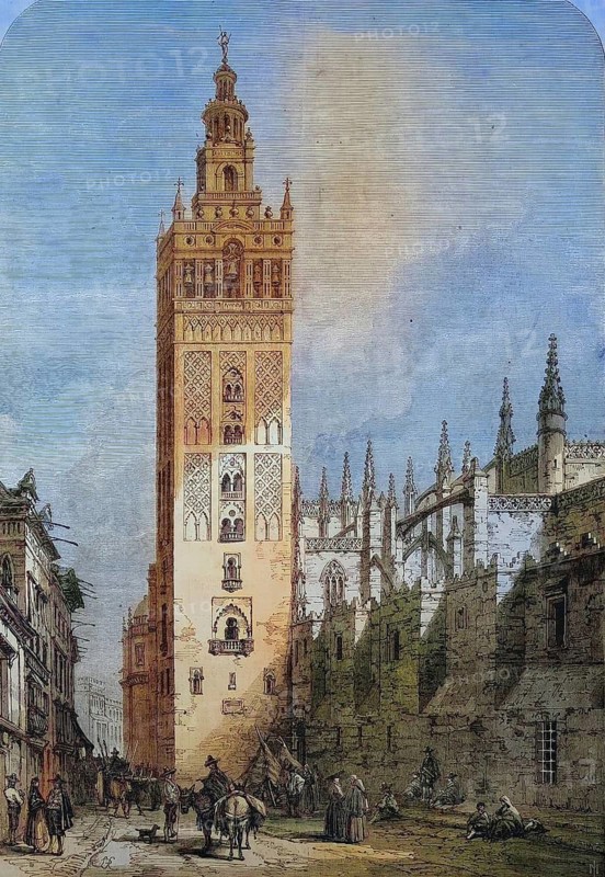 Giralda, the bell tower of Seville Cathedral, 1869, Andalusia, Spain, Historic, digitally restored reproduction of a 19th century original, exact original date unknown