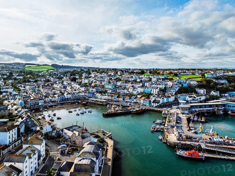 Brixham Hourbour and Brixham Marina from a drone, Brixham, Torbay, Devon, England, United Kingdom