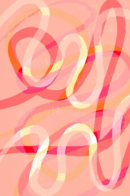A vibrant abstract artwork showcasing intertwined pastel swirls in shades of red, pink, and yellow. Fluid curves create a dynamic yet soothing composition on a soft peach background