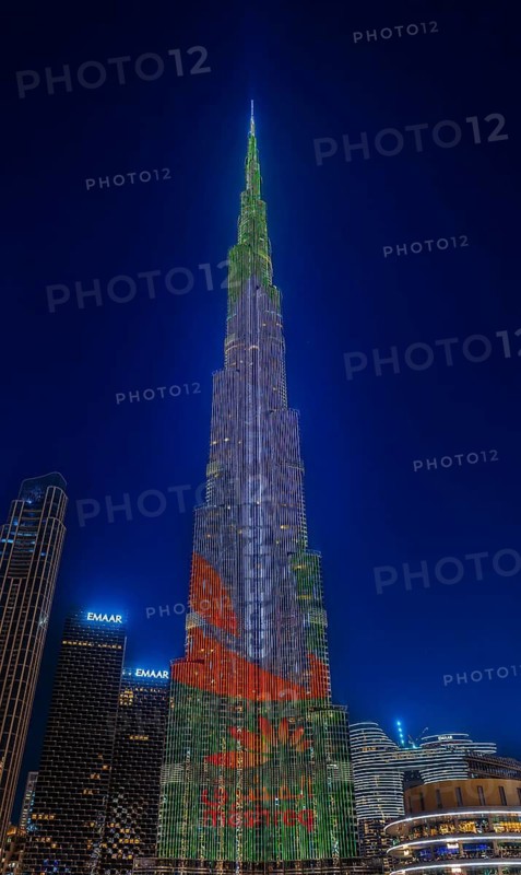 Night shot, illuminated advertising at the Burj Khalifa, Downtown, Dubai, United Arab Emirates