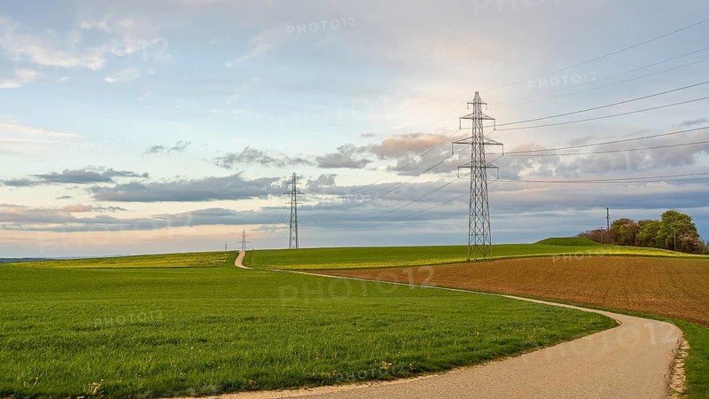 A serene spring landscape in the rural Switzerland, near Nyon, showcasing lush green fields, a meandering path, and towering power lines under a pastel sky at dusk