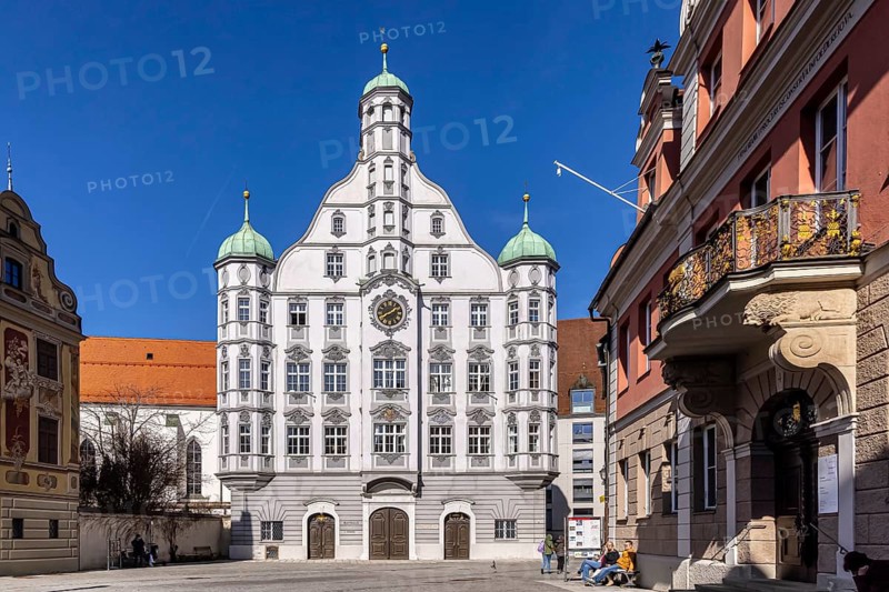 City view of Memmingen. Market square with town hall. Renaissance building of the 16th century. Memmingen, Upper Swabia, Bavaria, Germany