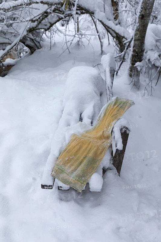 Frozen yellow towel lying on a snow covered bench in a forest near a creek