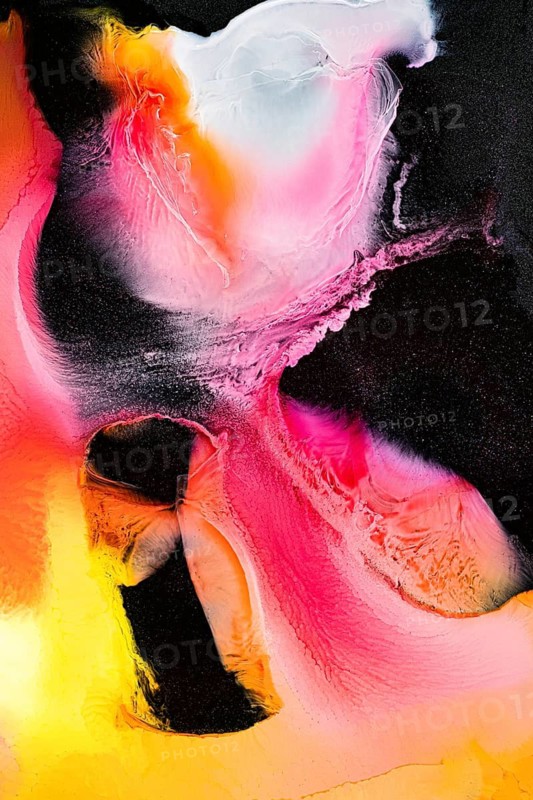 A captivating abstract liquids art piece with vibrant pinks, yellows, and whites. Dynamic swirls and galactic shapes create an energetic and uplifting visual experience