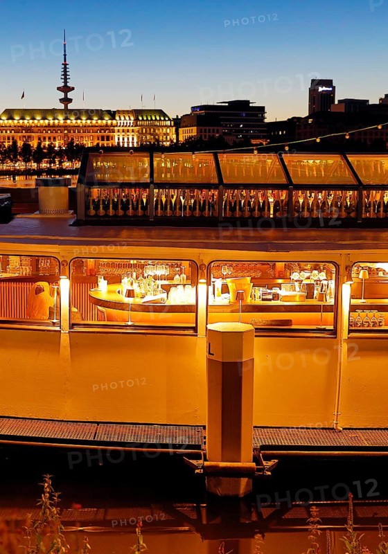 Restaurant ship Bootshaus Alster on the Inner Alster Lake in the evening, Hamburg, Germany