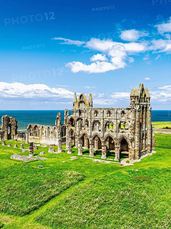 Whitby Abbey over River Esk from a drone, North Yorkshire, England, United Kingdom
