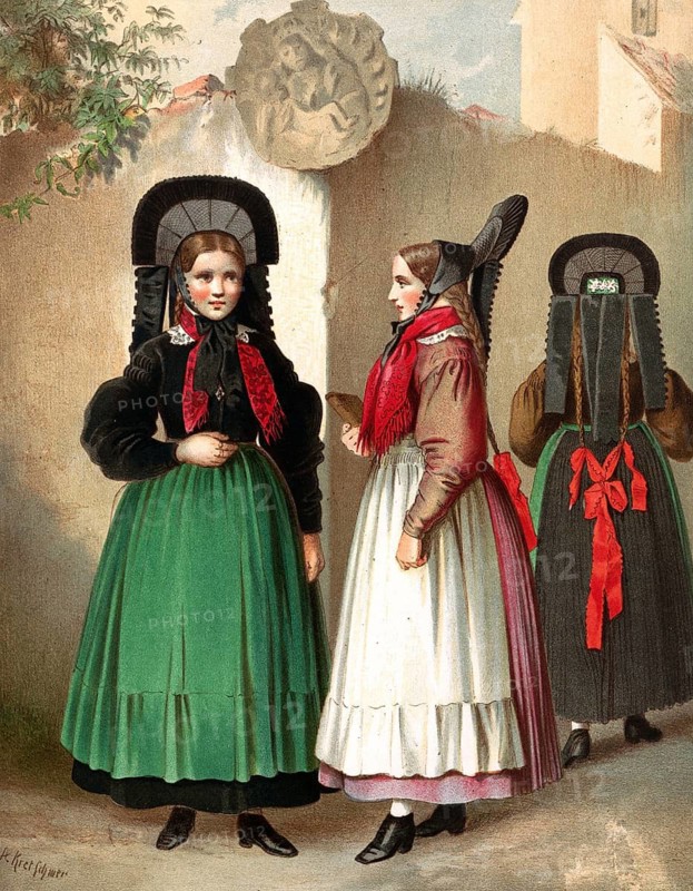 Traditional costumes in Germany around 1820, Württemberg, Rottweil, Three woman in traditional costumes and bonnets standing in front of a wall, digitally retouched reproduction of a model from around 1850, by Albert Kretschmer (27 February 1825, 11 July 1891), German painter and traditional costume expert
