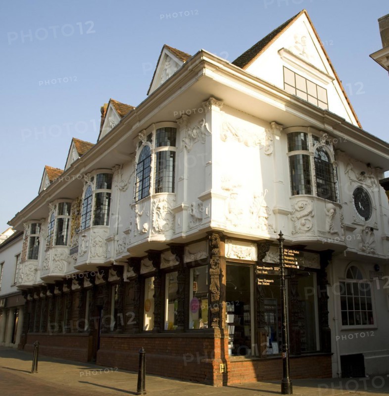 Pargetting decoration on the Ancient House, Ipswich, Suffolk, England, also known as Sparrowes House, is a Grade I listed building dating from the fifteen century. The pargetted front illustrates details of the then known continents of Africa, America, Asia, and Europe