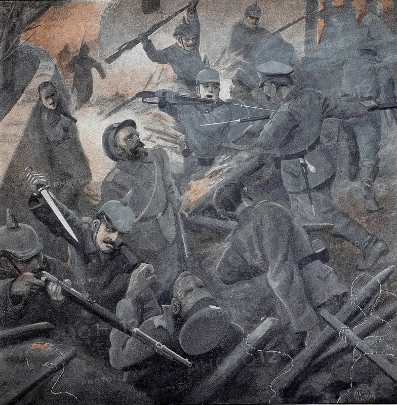 1st World War, village near Lviv defended by Russians is stormed by German troops (original text from 1915, original colouring), illustration, reproduction of a 19th century original. Authentic, file restored for optimal use, exact date of original unknown, Historical, Soldiers are engaged in a fierce hand-to-hand combat, surrounded by smoke and chaos. Violence and despair characterise the scene