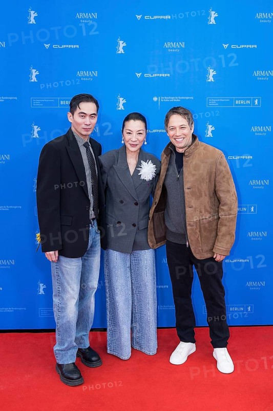 Hang Chong, Michelle Yeoh and Sean Baker in front of the premiere of the film Everything Everywhere All At Once at the Berlinale in Berlin's Zoo Palast on 13.02.2026. The 76th Berlin International Film Festival will take place from February 12 to 22, 2026