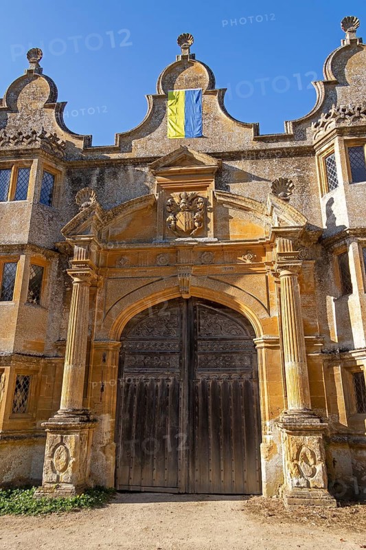 Entrance portal, Ukrainian flag, Stanway House, Stanway, The Cotswolds, England, Great Britain
