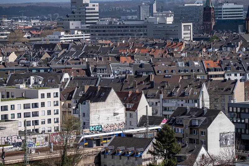 View of the roof landscape of residential buildings in downtown Düsseldorf, Friedrichstadt, North Rhine-Westphalia, Germany