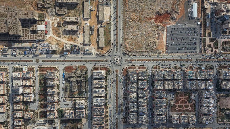 In Aleppo, Syria on February 10, 2026, a breathtaking top-down aerial drone shot captures the urban grid and organized streets of the city, Aleppo, Aleppo, Syria