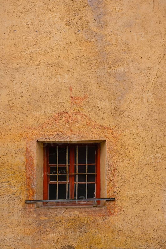 View of a window of a house in a mountain village, St.Peter, Villnöß, Funes, Villnößtal, South Tyrol, Italy