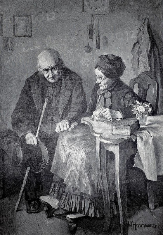Memories of two elderly people, grandfather and grandmother, sitting at the table in the living room sharing their memories of the past, 1896, illustration, reproduction from a model from the 19th century. Authentic, file restored for optimal use, exact date of original unknown, historical, an elderly couple sitting melancholy in a simple room, flowers on the table