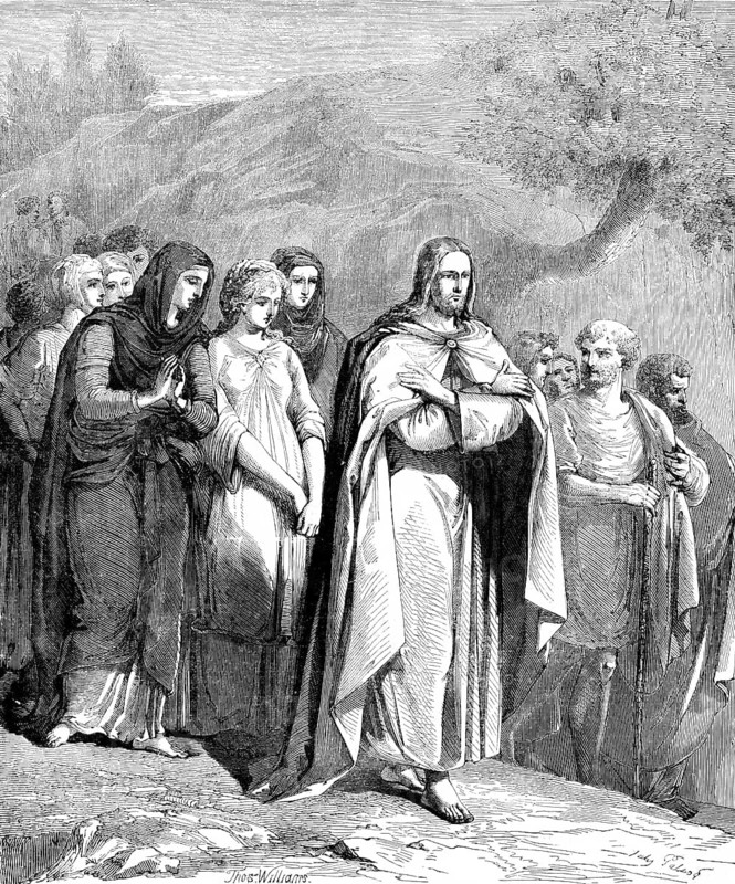 The sermon on the journey, Luke Gospel, chapter 9, verse 11, New Testament, outdoors, landscape, tree, people, walking, Jesus, barefoot, telling, kingdom of God, healing the sick, woman, men, praying, asking, Bible, historical illustration 1850