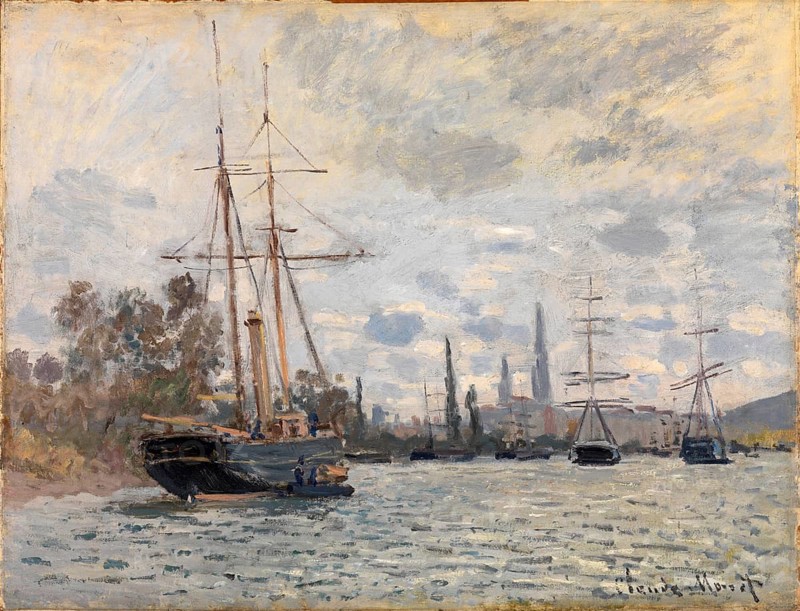 Claude Monet (b. 14 November 1840 in Paris as Oscar-Claude Monet, d. 5 December 1926) was an important French painter of the Impressionist style. Here his work, The Seine near Rouen (ca 1874), The Seine near Rouen (ca 1874), On a cloudy day, sailing ships lie in the calm waters of a harbour
